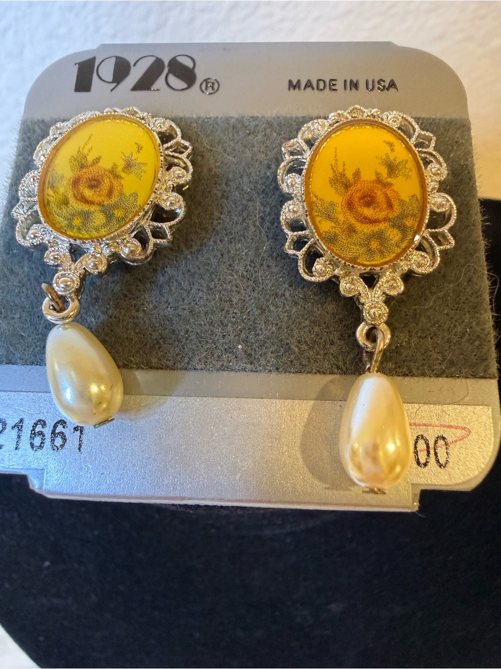 1928 Silver-Tone Yellow Floral Drop Earrings with Pearl Teardrops
